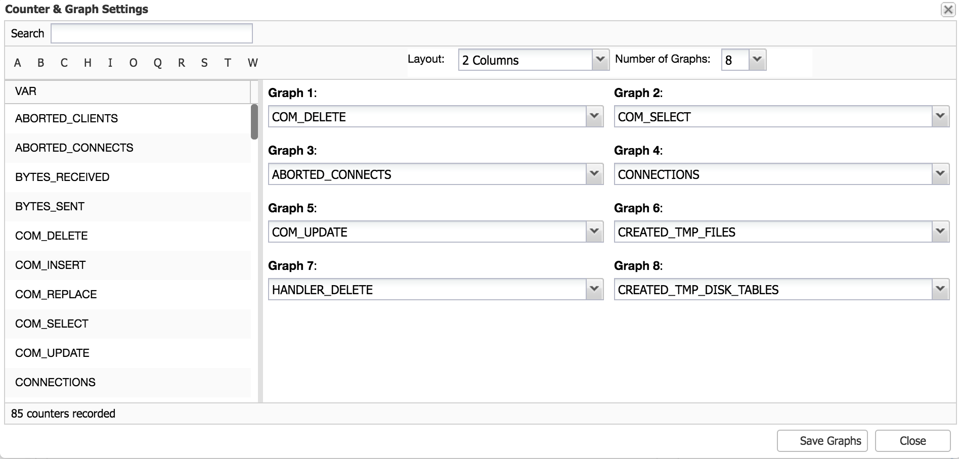 DB Performance Graphs Settings