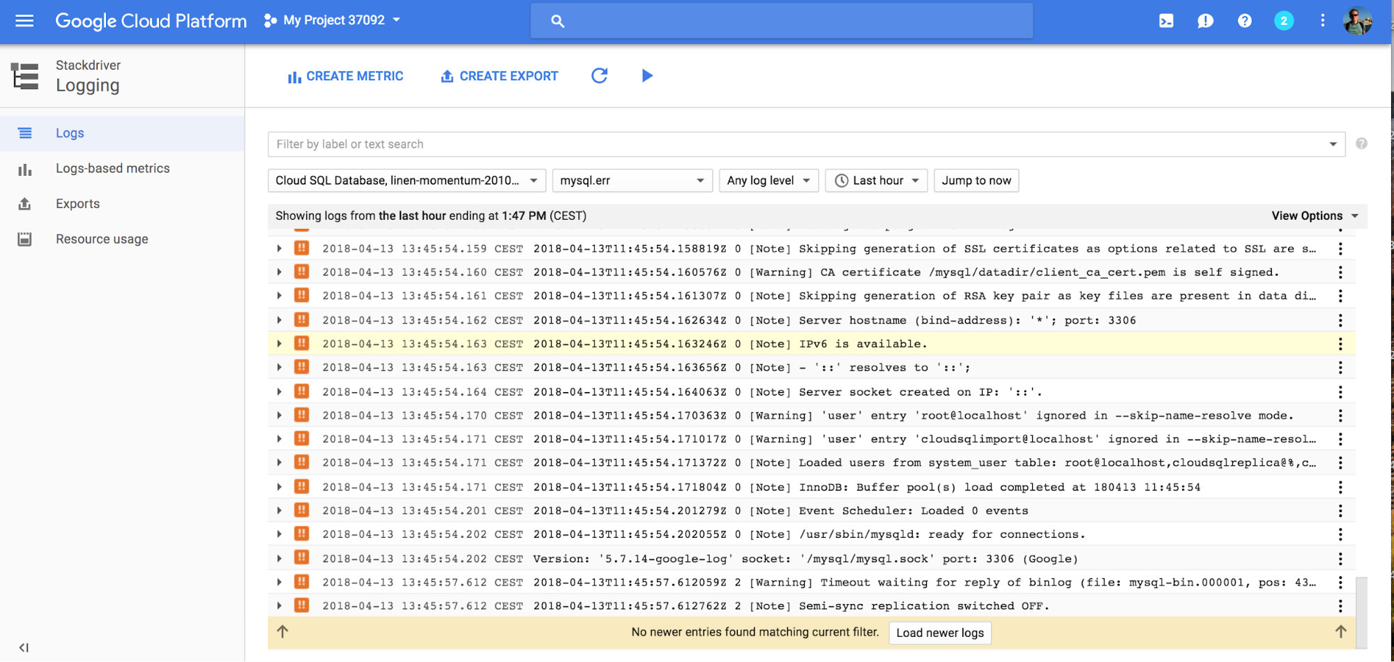 Google Cloud SQL logging