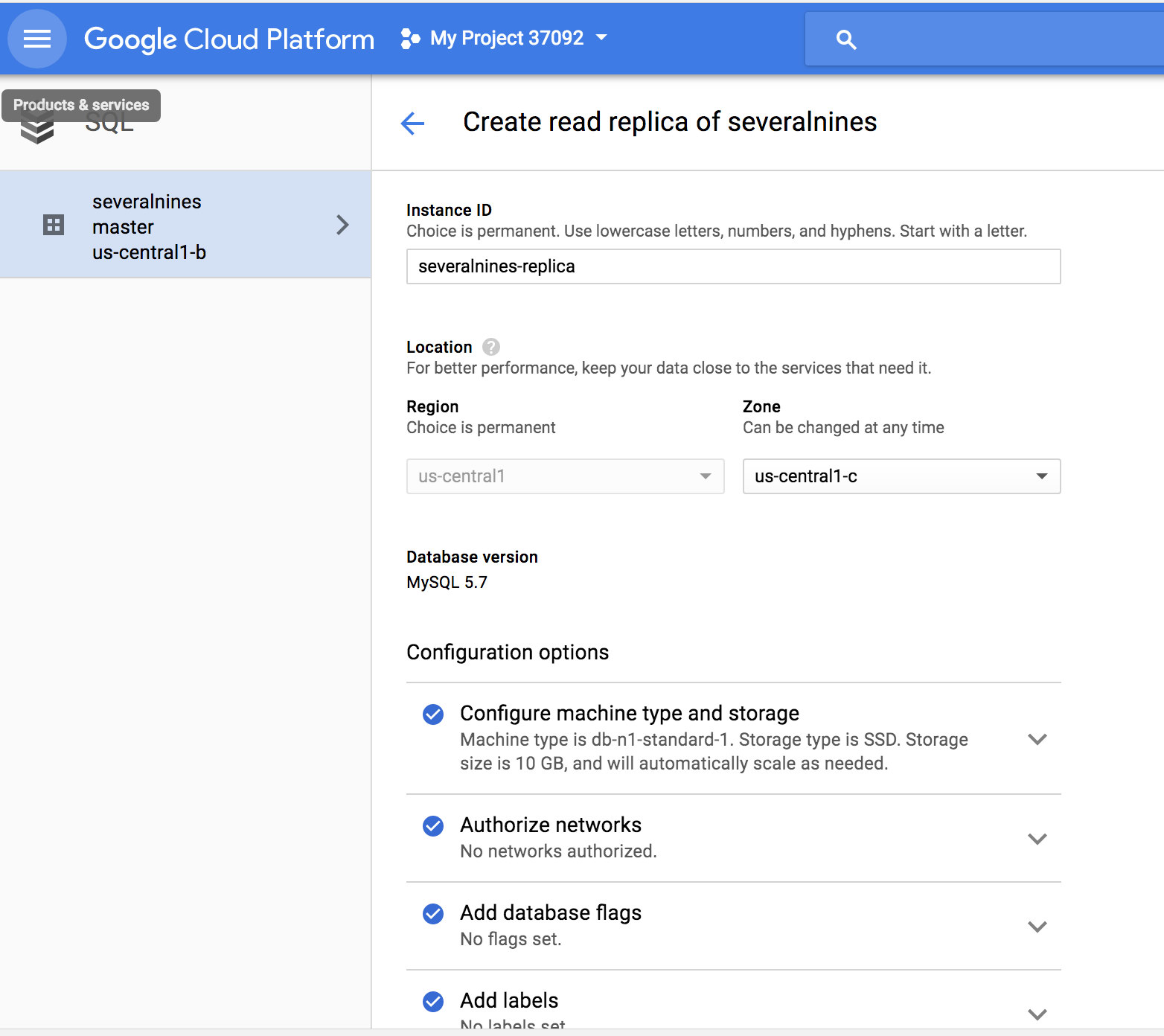 Google Cloud SQL create read replica