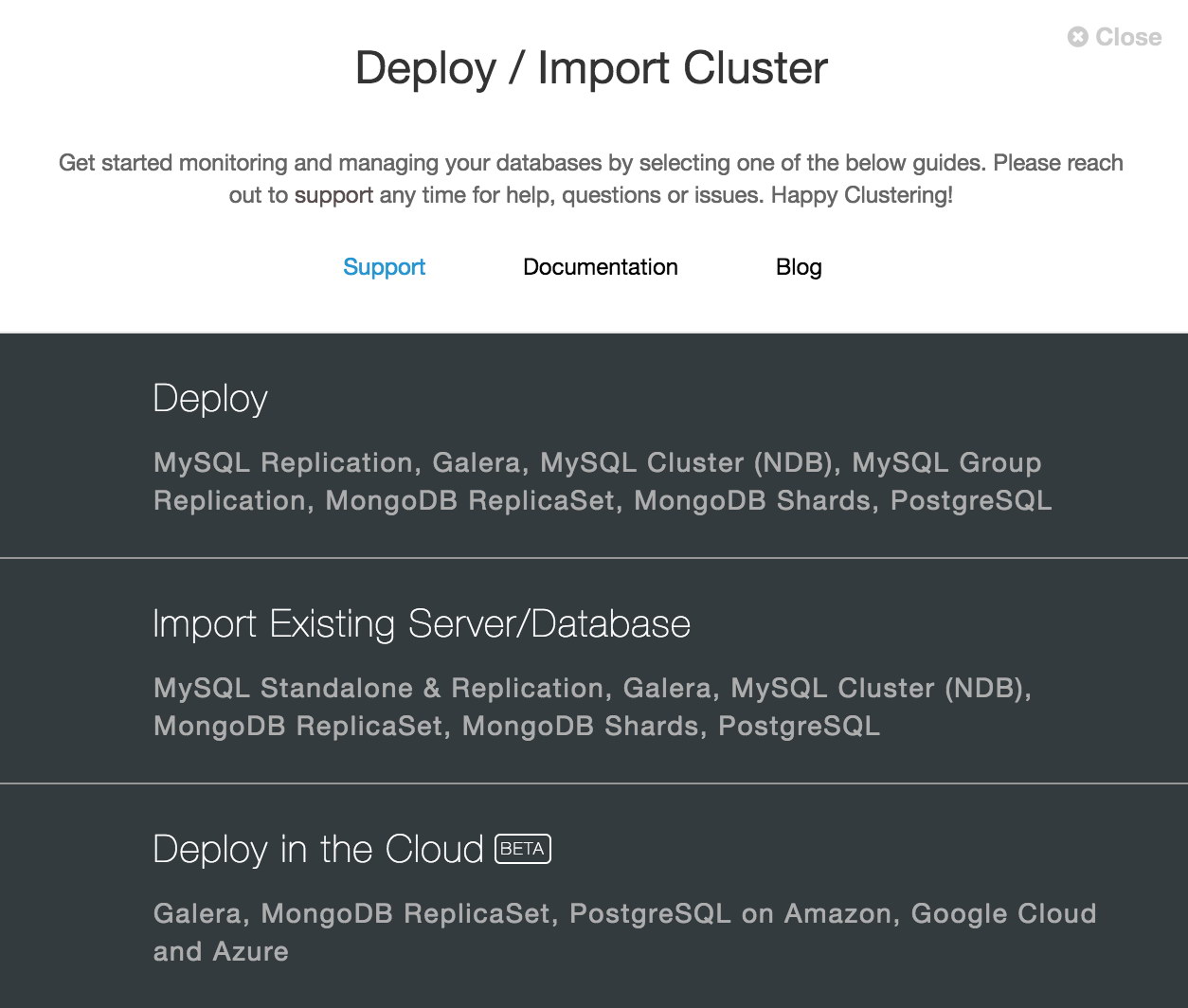 ClusterControl Deploy and import existing cluster