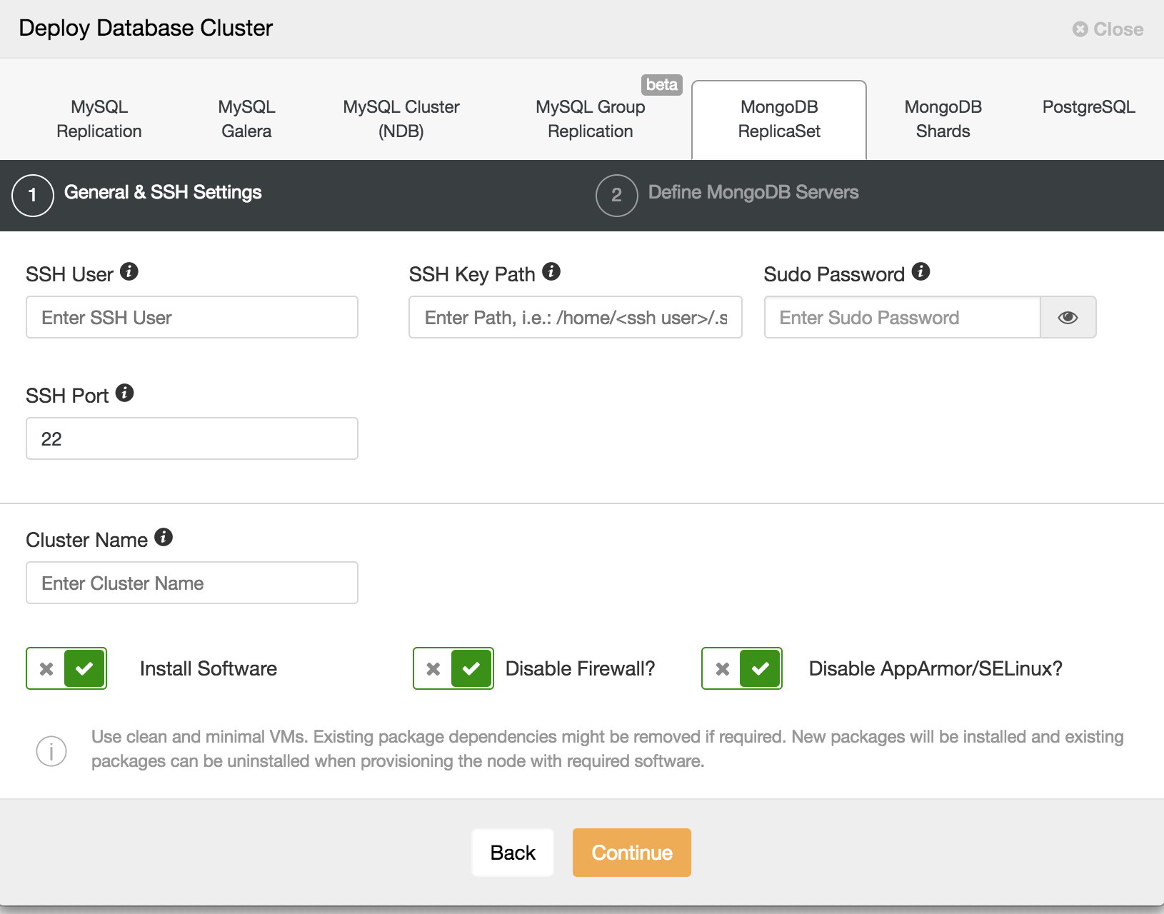 ClusterControl deploy MongoDB cluster wizard