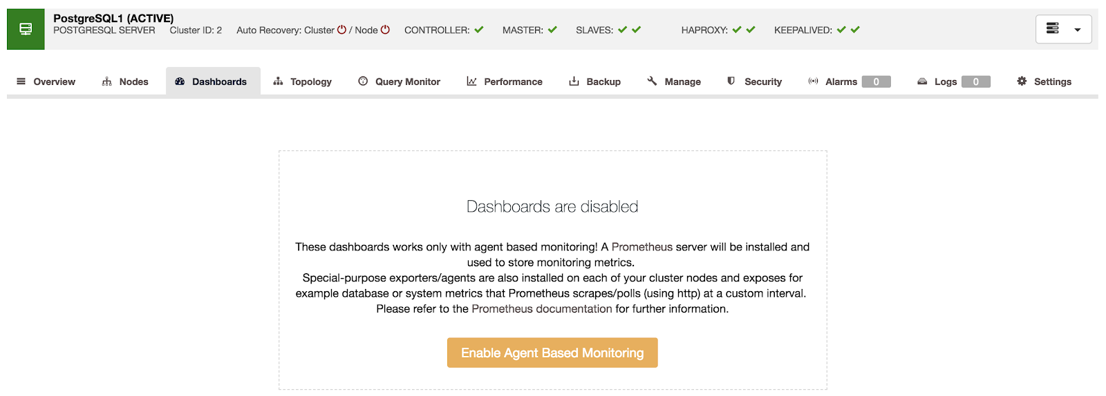 ClusterControl Dashboards Disabled