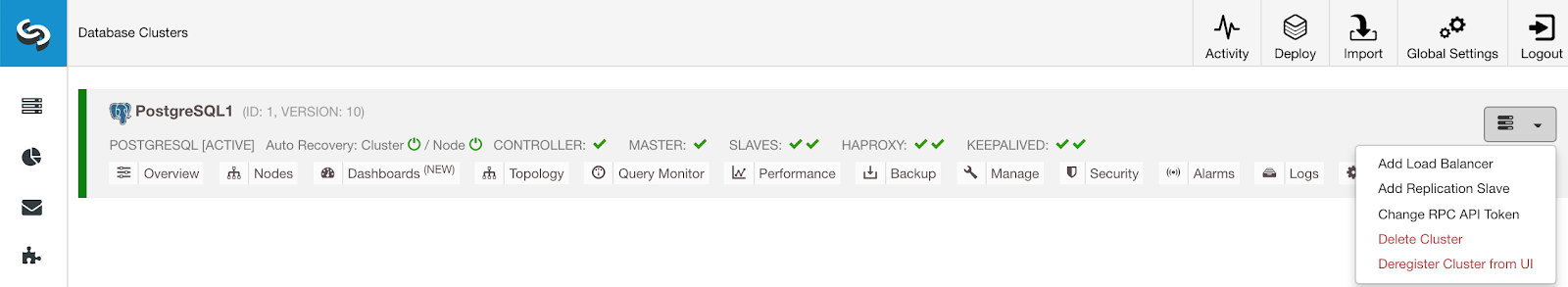 ClusterControl Cluster Actions Menu