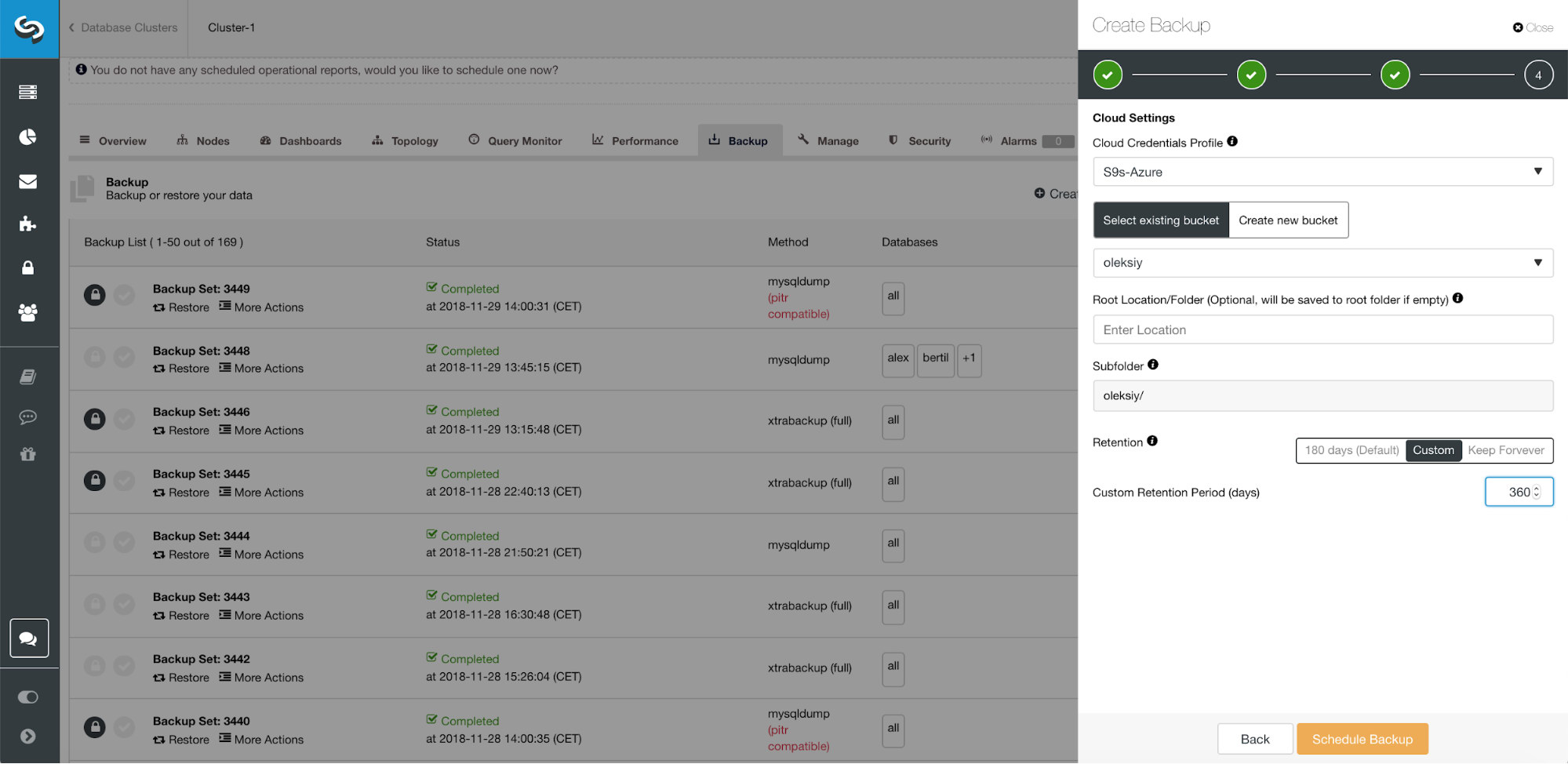 ClusterControl dual backup retention