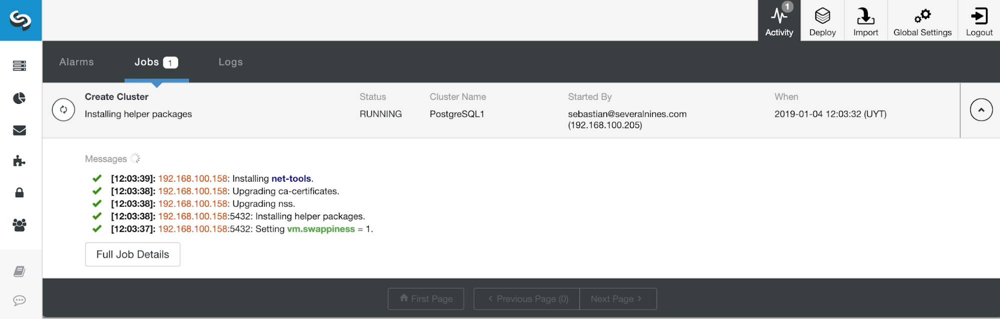 ClusterControl Activity Section