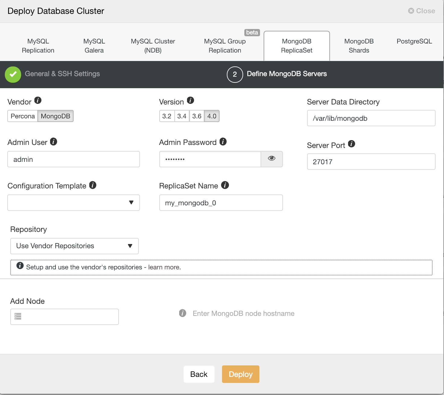 ClusteControl Deploy MongoDB version 4.0