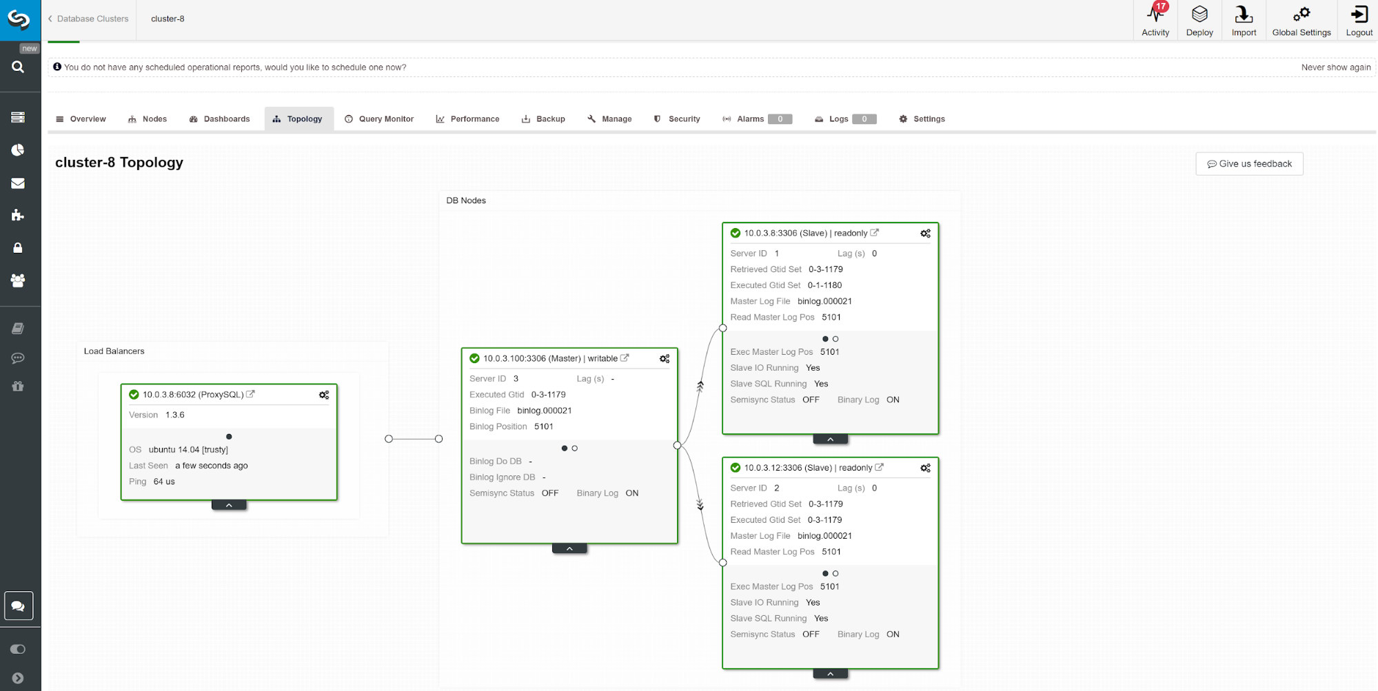 Another way to monitor slave lag is to use ClusterControl replication monitoring. In this screenshot we can see the replication status of asymchoronous Master-Slave (2x) Cluster with ProxySQL.