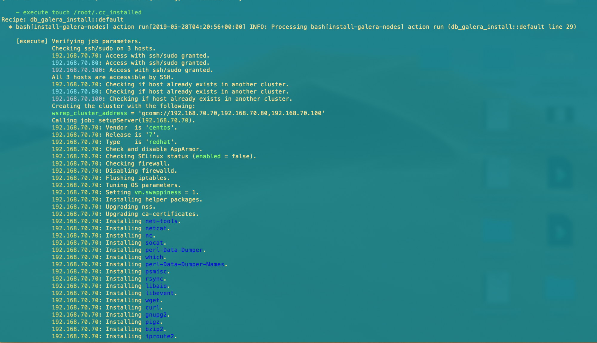 Installing the Galera Cluster Nodes at Host 192.168.70.70