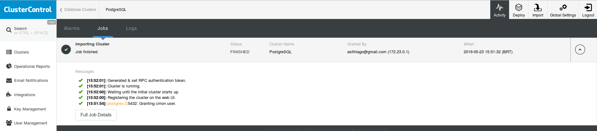 Log about the process of importing the container "postgres-2"