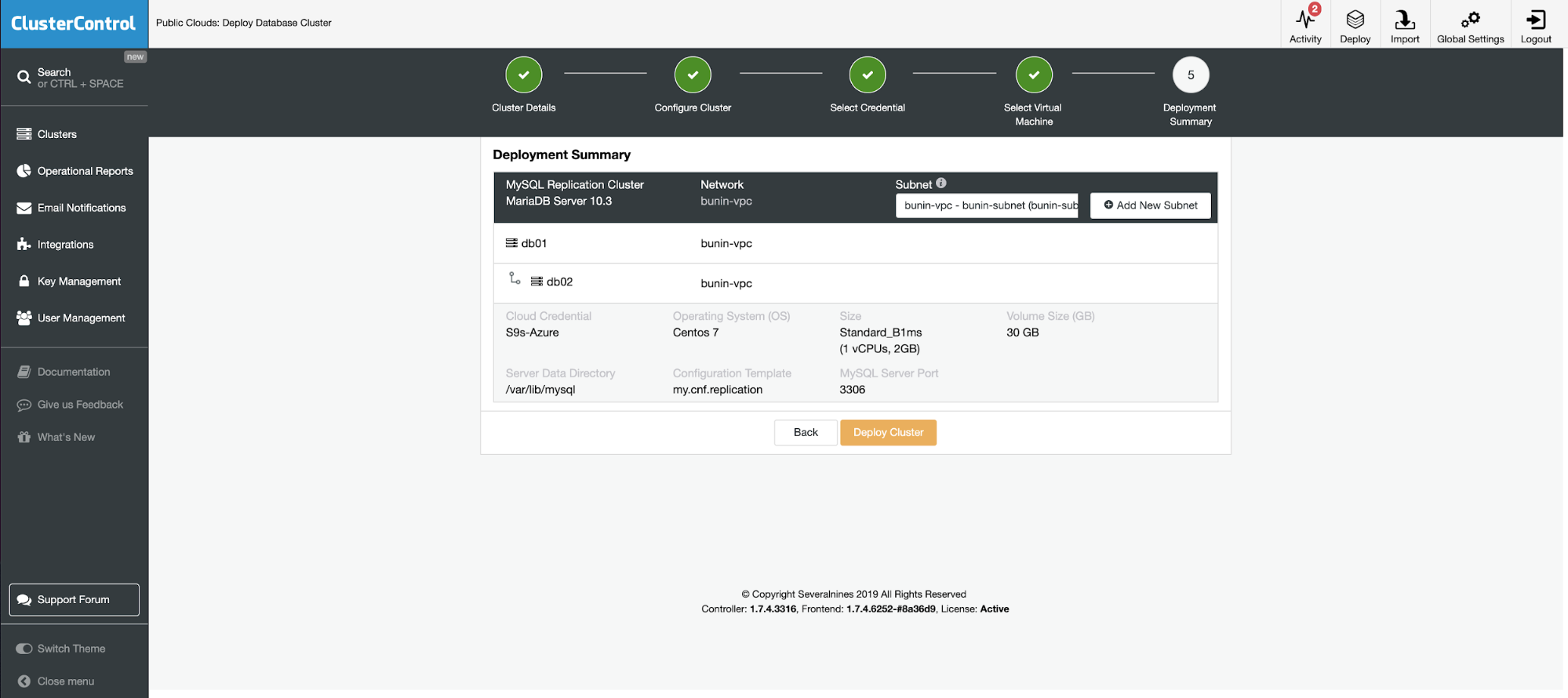 ClusterControl - Cloud Deployment Summary