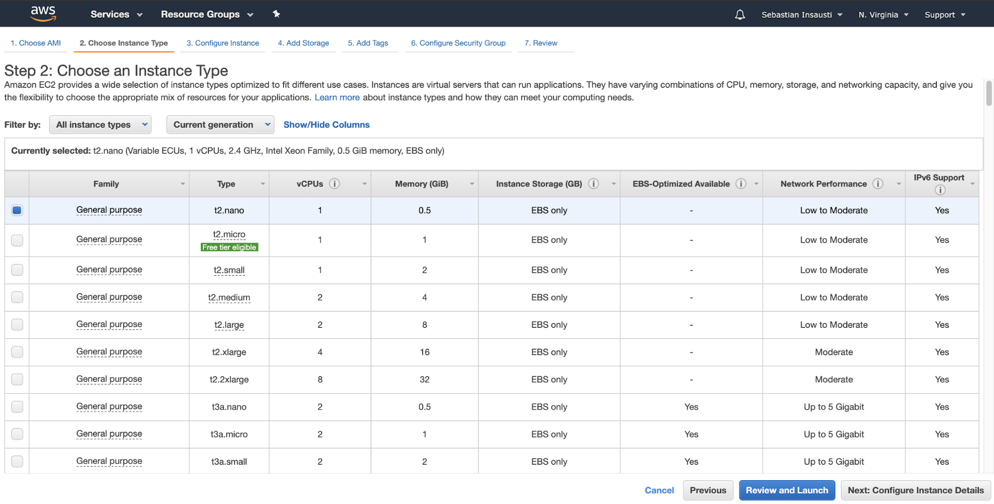 Choose an Instance Type AWS