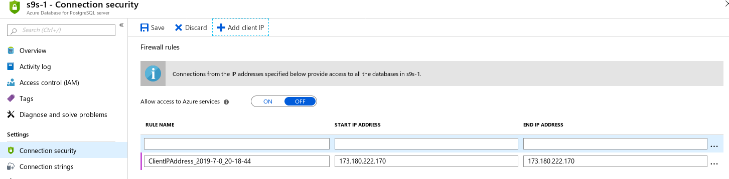 Azure Database for PostgreSQL: Single server --- Firewall --- Add Client IP Address