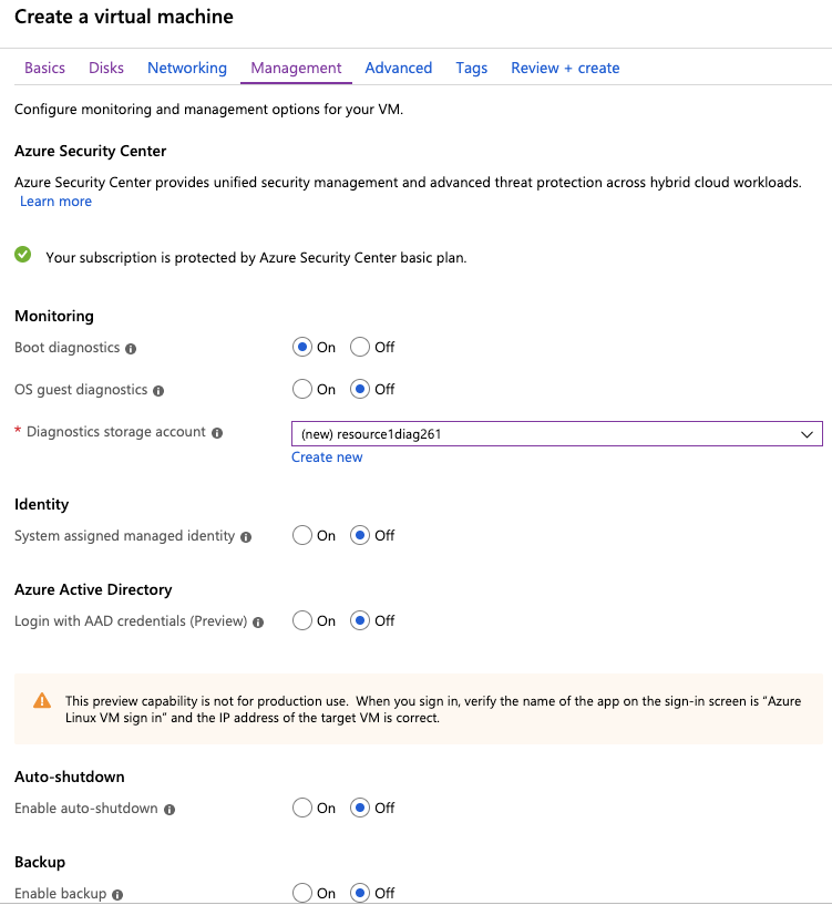 Azure Create a Virtual Machine Management Settings