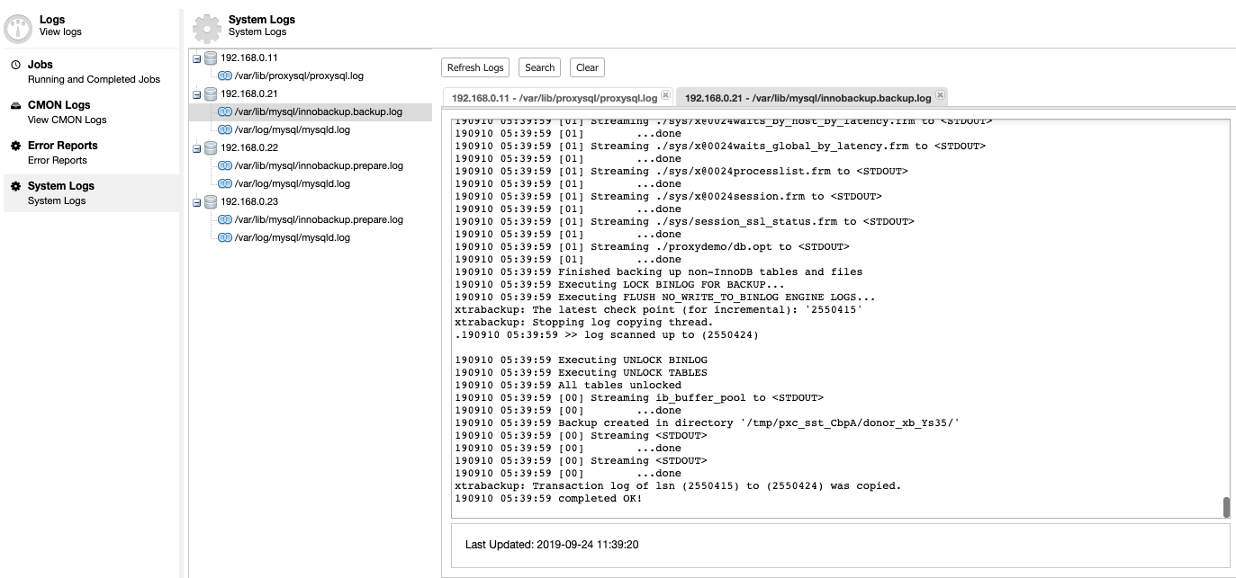 ClusterControl System Logs