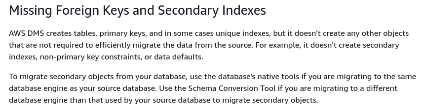 AWS DMS: secondary objects are not migrated.