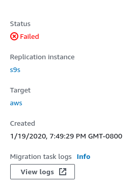 AWS DMS: failed task display.