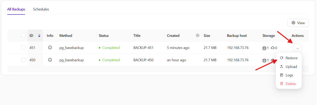 The "All Backups" table displaying completed pg_basebackup files, with an open contextual action menu highlighting the "Restore" function.