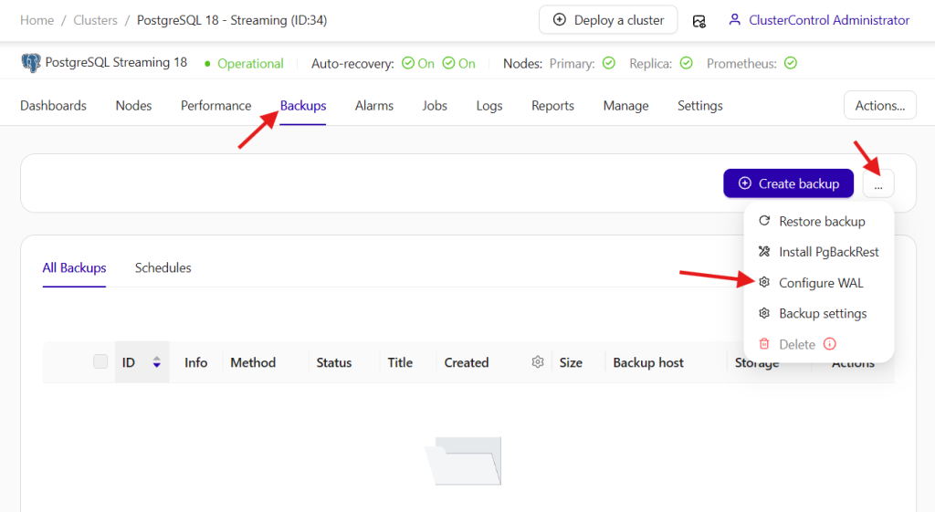 Navigation path within the PostgreSQL 18 dashboard showing the "Backups" tab and the action drop-down menu highlighting the "Configure WAL" option.