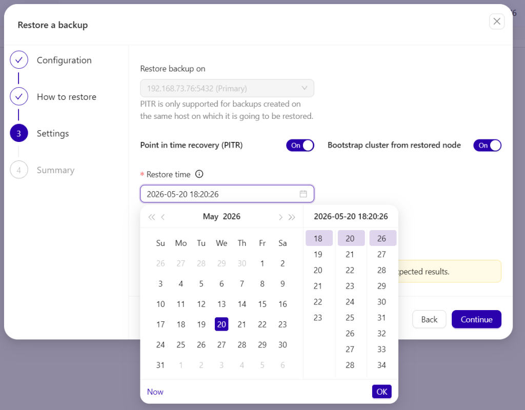 Step 3 ("Settings") of the PostgreSQL restoration wizard, with the "Point in time recovery (PITR)" toggle enabled and a calendar picker open to set the precise historical target timestamp.