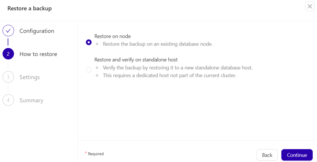 Step 2 ("How to restore") of the backup restoration wizard, with the option "Restore on node" selected to target an existing database node.