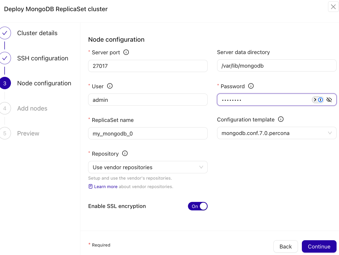 image showing step 3 of clustercontrol deploying of percona sever mongodb replicaset