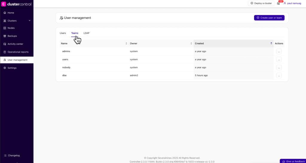 ClusterControl User Management - Teams