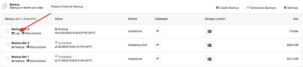 Log access from backup panel