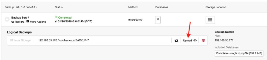 Additional backup operations available in backup panel