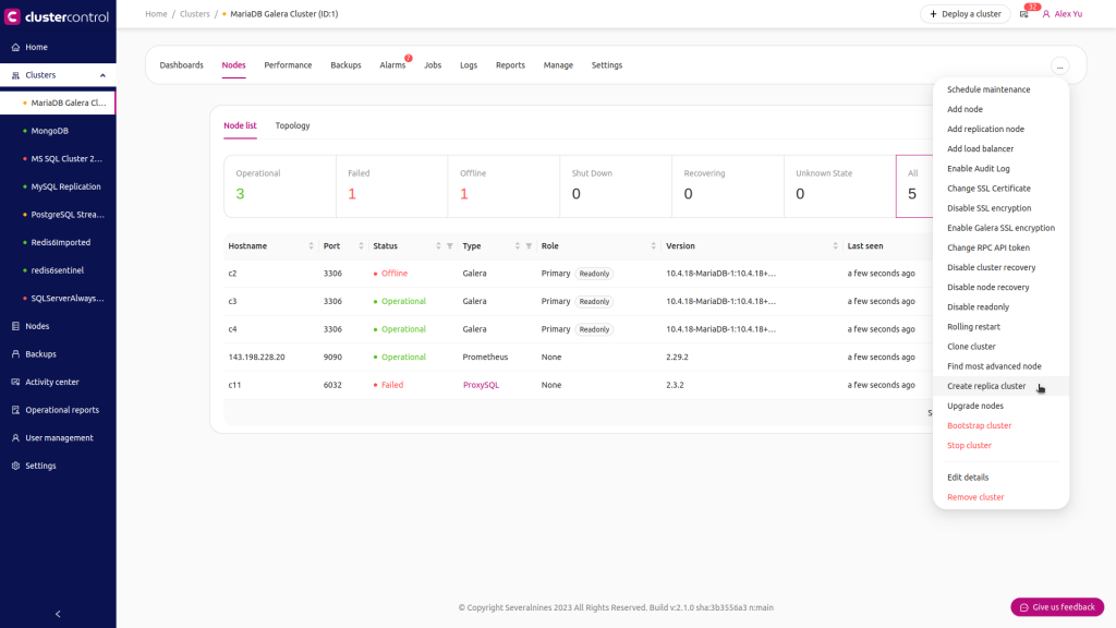 location of 'Create Replica Cluster' option within ClusterControl