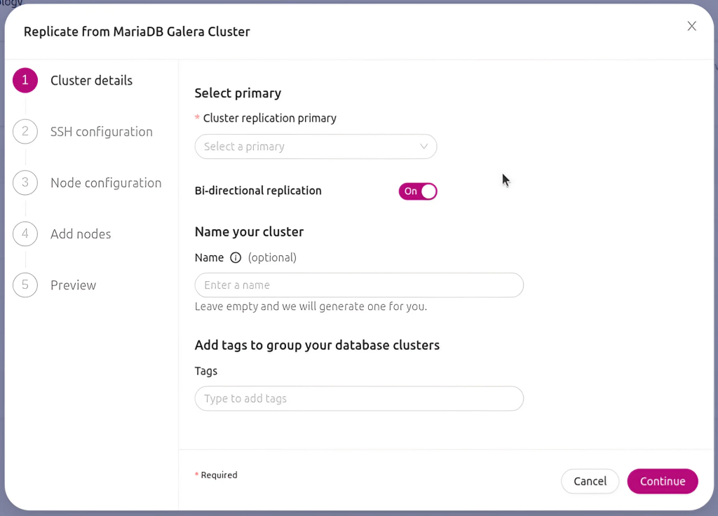 first screen of the cluster deployment wizard in ClusterControl where you select the replication primary node, toggle whether you want bi-direction replication, and have the option to name your cluster and add tags