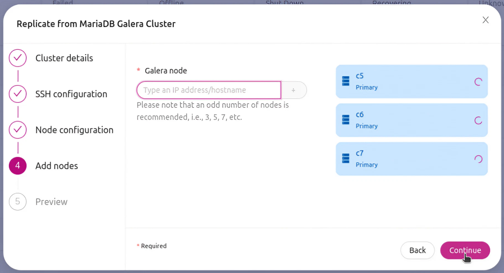 fourth step of the cluster deployment wizard in ClusterControl where you define the nodes in the cluster