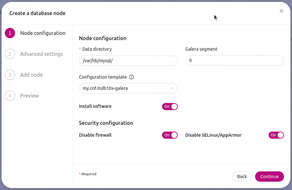 node configuration screen that appears when you choose to add a node to an existing Galera cluster in ClusterControl