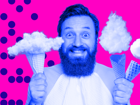 A happy, bearded man holding three ice-cream cones, but instead of ice-cream in the cones it's clouds