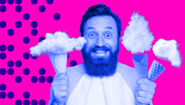 A happy, bearded man holding three ice-cream cones, but instead of ice-cream in the cones it's clouds