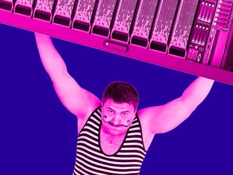 Strongman struggling to hold up an oversized server