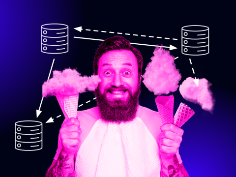 Bearded man holding three ice cream cones, but instead of ice cream it's clouds