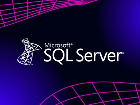 white Microsoft SQL Server logo on a dark blue background