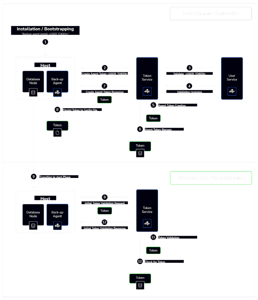 Flowchart detailing the process of backup agent initialization and registration, illustrating each step from start to successful integration within a DBaaS setup.