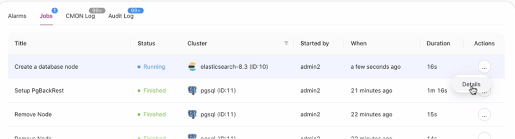Screenshot of ClusterControl displaying job activity log for monitoring actions and tasks.