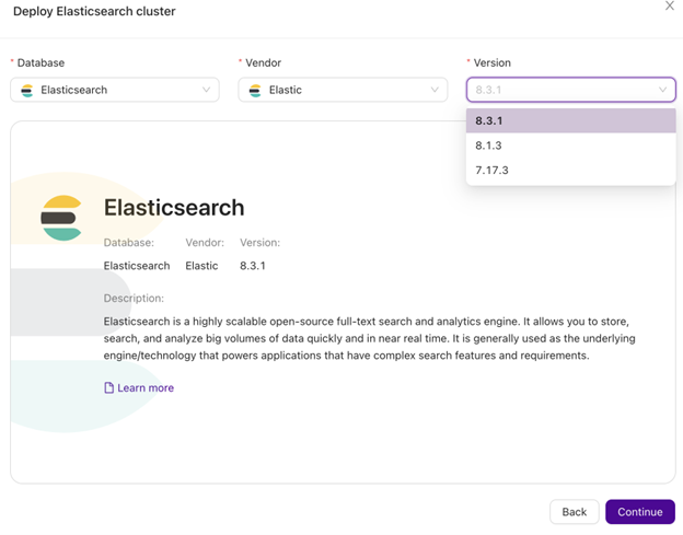 Screenshot displaying the initial setup steps for an Elasticsearch cluster, including selecting the database type and version.