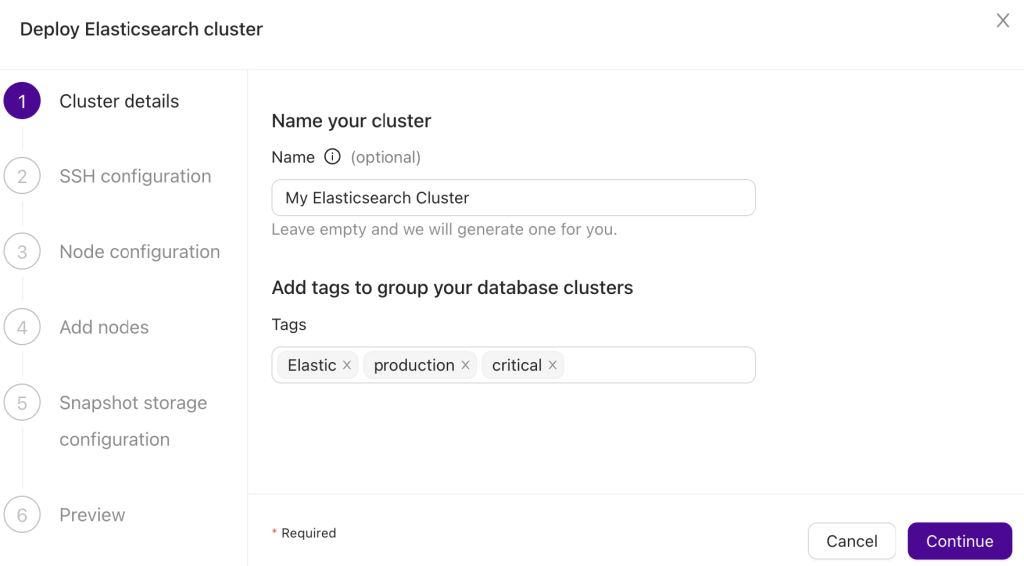 Screenshot displaying the 1. step:  defining the cluster name with optional tagging.