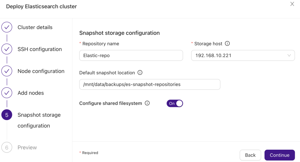 Screenshot of the final setup step with options for configuring snapshot storage location using NFS for shared access across all nodes, followed by a summary of choices before initiating the deployment process with ClusterControl.