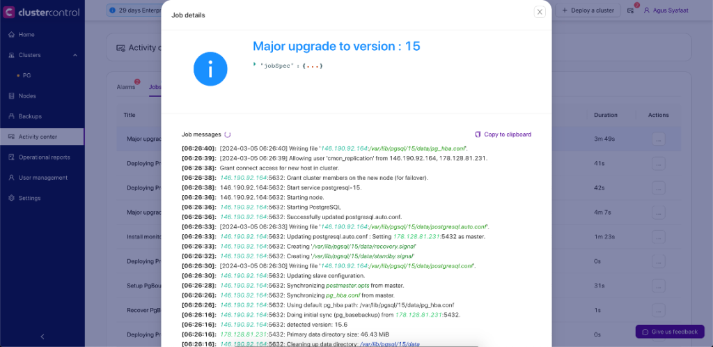 Activity log about the Major Upgrade to version 15 in ClusterControl.