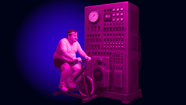 image of man on stationary bike trying to power a machine