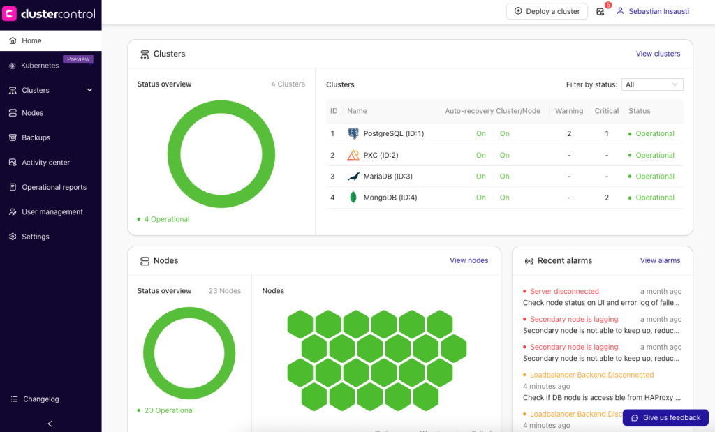 screenshot of clustercontrol home ui