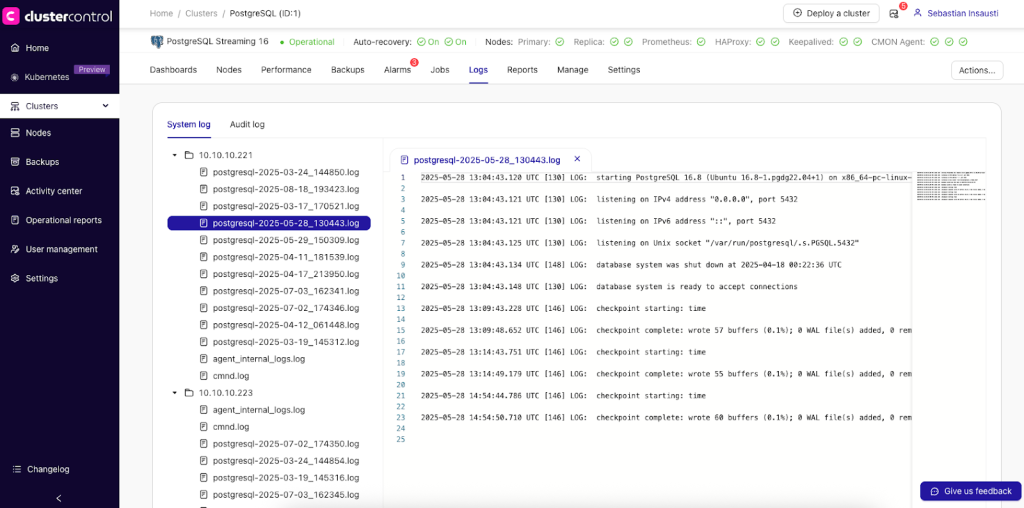 screenshot of clustercontrol cluster system log ui