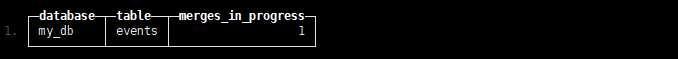 Monitoring output from system.merges showing an active background data part merge operation (merges_in_progress: 1) currently running on the my_db.events MergeTree table.
