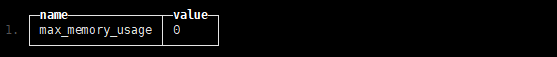 Query output showing the max_memory_usage setting or profile parameter value, currently set to 0 (typically indicating unlimited or unrestricted memory for the context).