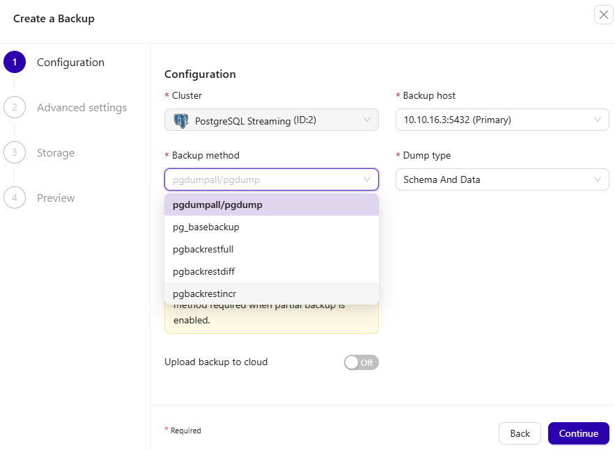 ClusterControl "Create a Backup" configuration wizard showing options for backup host, backup method drop-down (pgdump, pg_basebackup, etc.), and dump type.