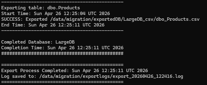 Terminal output showing the successful export of the dbo.Products SQL Server table to a CSV file.